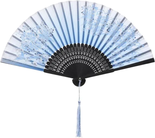 Vista 5 de QIRMIZI 5 ventiladores de mano – Elegantes ventiladores plegables de seda con marcos de bambú, ventilador plegable de flecos huecos, ventilador