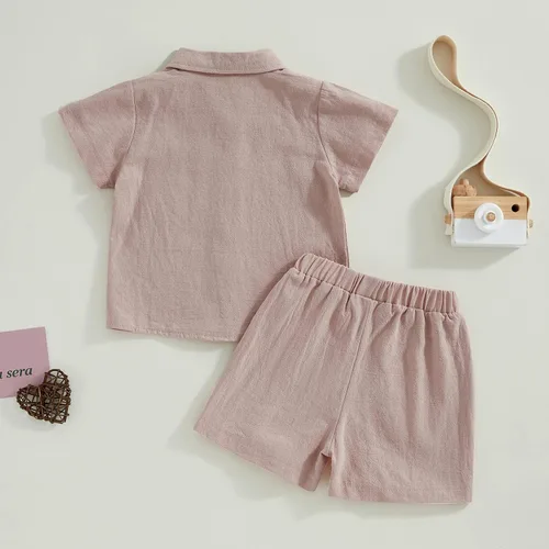 Vista 6 de FYBITBO Conjunto de camiseta de manga corta con botones de lino para bebé niño y niño pequeño