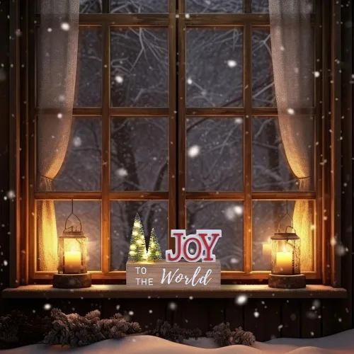 Vista 7 de Decoración de Navidad para el Hogar, JOY para El Mundo Letrero de Mesa de Navidad de Madera con Árboles LED, Estante Rústico, Chimenea, Decoración