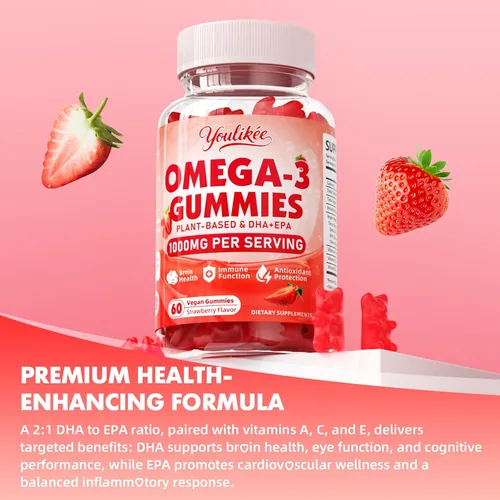 Vista 5 de Gomitas veganas Omega-3 de 1000 mg, alternativa al aceite de pescado Omega 3 para adultos, DHA a base de plantas de 460 mg y EPA 230 mg con vitamina