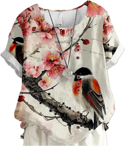 Vista 23 de domirica Flower Bird Printed Loose Boho Shirts Women Plus Size Summer Crew Neck Short Sleeve Blouses Colorido