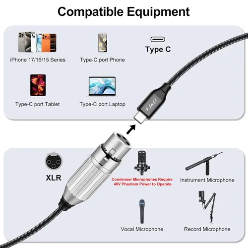 Vista 4 de J&D Cable de audio de micrófono USB C a XLR, cable trenzado USB C a XLR hembra para grabación de audio, micrófono dinámico, compatible con iPhone