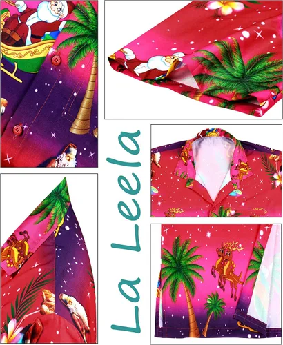 Vista 5 de LA LEELA Camisa de vestir de manga corta para hombre, diseño de Papá Noel, para vacaciones, hawaiano, de Navidad, para hombre