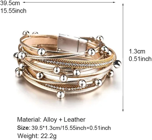 Vista 2 de Fesciory - Pulseras envolventes de cuero para mujer, brazalete de cuentas de cristal de leopardo, bohemia, multicapa