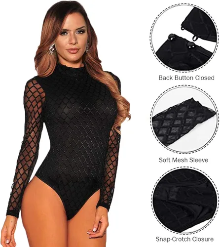Vista 4 de Body de encaje de manga larga para mujer, leotardos de cuello alto, leotardos de malla, Negro