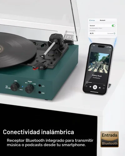 Vista 10 de Reproductor de discos Bluetooth retro con altavoces externos, tocadiscos de 3 velocidades con transmisión por correa, grabación USB a PC, salida AUX