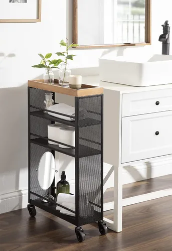 Vista 6 de Kate and Laurel Piazza - Carrito de almacenamiento delgado decorativo, 18 x 7 x 30 pulgadas, madera natural y negro, carrito decorativo estrecho