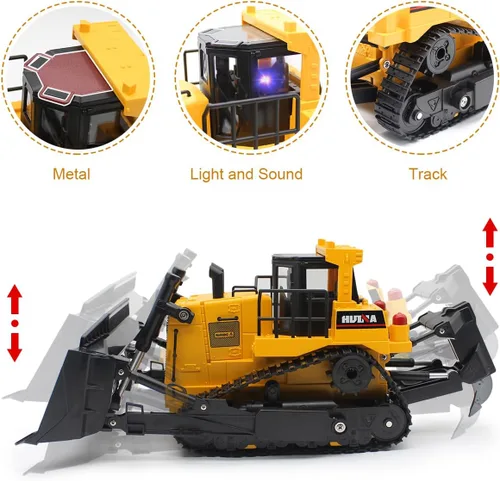 Vista 3 de Fisca Bulldozer de Control Remoto RC 1/16 Vehículo de Construcción Completamente Funcional, Cargador Frontal Dozer de 2.4Ghz 11 Canales con Luz