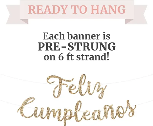 Vista 3 de Cartel de Feliz Cumpleaños pre-encordado – No DIY – Cartel español de fiesta de feliz cumpleaños con purpurina dorada – Guirnalda de guión
