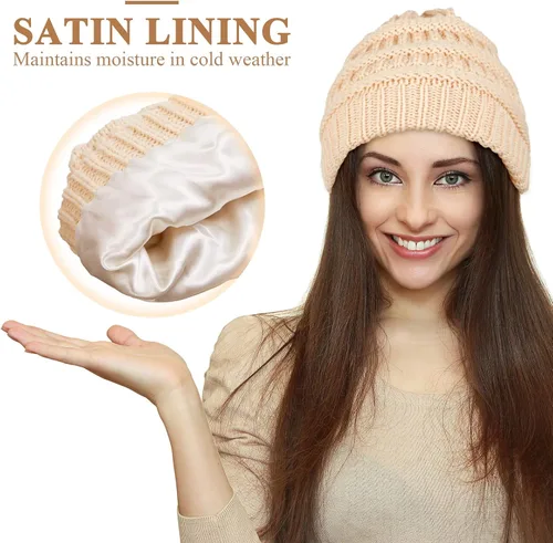 Vista 2 de Geyoga Gorros de invierno con forro de satén cálido y grueso, gorros holgados para mujer