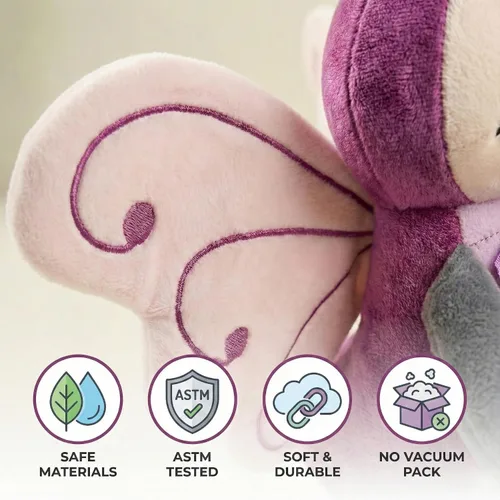 Vista 5 de Peluche de mariposa con bolsa de capullo, 12 pulgadas, color morado para niñas pequeñas Soft polyester metamorphosis pretend play toy with