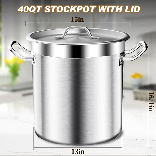 Vista 5 de Olla Grande de Caldo - Olla de Caldo de Acero Inoxidable de 40 Cuartos con Tapa, Olla de Sopa de Grado Comercial de Fondo Tri-Capa de Servicio