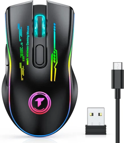 Vista 7 de TECURS Mouse para juegos, mouse inalámbrico para juegos con 9 botones, 5 niveles de DPI ajustables, recargable ergonómico Plug & Play RGB óptico