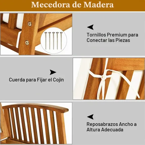 Vista 8 de Tangkula 2 mecedoras de madera de acacia para exteriores, mecedora de madera con cojines lavables desmontables, balancín para porche, jardín, patio
