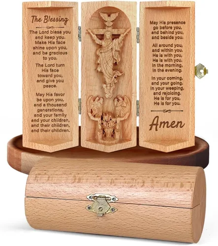Vista 13 de Jesuspirit - Decoración cristiana, estatua de madera católica, decoración del hogar - Escultura cilíndrica de madera que se puede abrir de Jesús