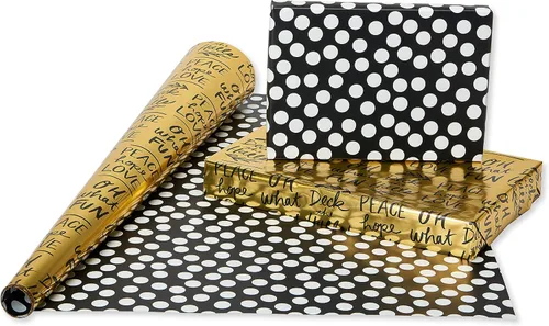 Vista 4 de American Greetings - Rollos de papel de regalo de Navidad de aluminio, envoltura de regalo festiva metálica en amarillo dorado y negro