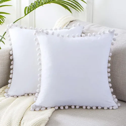 Vista 11 de Top Finel juego de 2 fundas decorativas con pompones para almohada euro, de terciopelo suave, lisas, para sofá, dormitorio o automóvil, 26 x 26 Rosa