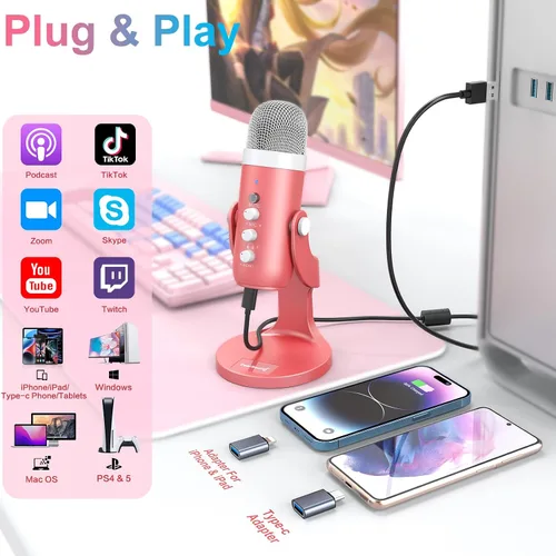 Vista 2 de ZealSound Micrófono para podcast, micrófono de cancelación de ruido con ganancia, ajuste de volumen y botón de silencio, monitor y eco, para ASMR