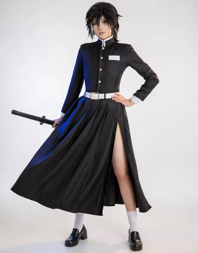 Vista 8 de Miccostumes Conjunto de uniforme de kimono para mujer y falda larga con abrigo y cinturón