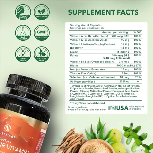 Vista 8 de H5 Grow+ Suplemento vitamínico para el cabello, biotina, hierbas ayurvédicas y 5 grupos de nutrientes para el crecimiento, densidad y fuerza