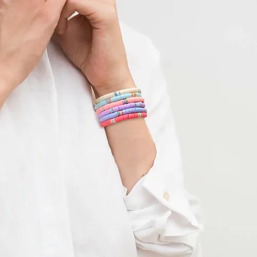 Vista 4 de LALAPPLE Preppy Heishi - Pulseras elásticas apilables de arcilla arcoíris para mujer, pulseras apilables para mujer, pulseras coloridas bohemias