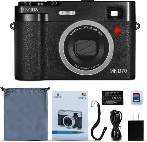 Vista 2 de Minolta Cámara digital retro – Compacta de 48MP con enfoque automático, video ultra HD de 5K, lente selfie trasera, zoom 16x, WiFi, pantalla LCD
