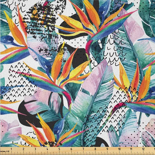Vista 6 de Ambesonne The Yard, tela de cachemira de The Yard, diseño vintage de motivos botánicos orientales, flores, vibraciones psicodélicas, arte, tela