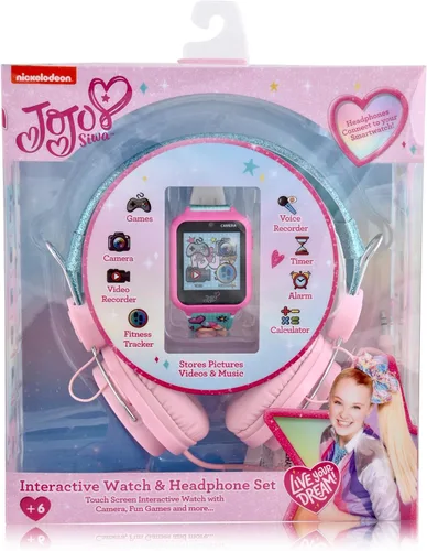 Vista 2 de Accutime JoJo Siwa Nickelodeon - Reloj inteligente de aprendizaje educativo para niñas con auriculares verdes y rosados a juego (modelo JOJ40159AZ)