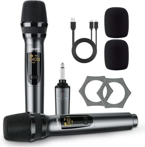 Vista 8 de LEKATO Micrófono Inalámbrico Micrófonos Inalámbricos Recargables con Receptor Sistema de Micrófono de Mano Dual Micrófono Dinámico para Cantar
