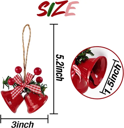 Vista 2 de TIHOOD 6 piezas campanas rojas de Navidad de 3 pulgadas, adorno colgante de árbol campanas de metal con cascabel para decoración navideña