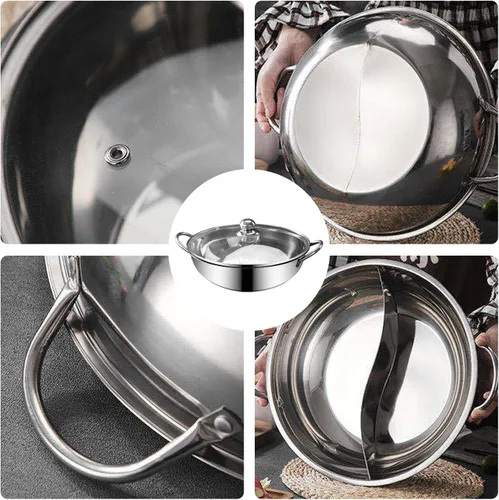 Vista 4 de Olla caliente de Shabu de acero inoxidable con tapa de vidrio para estufa de inducción, estufa de gas 2-5 personas