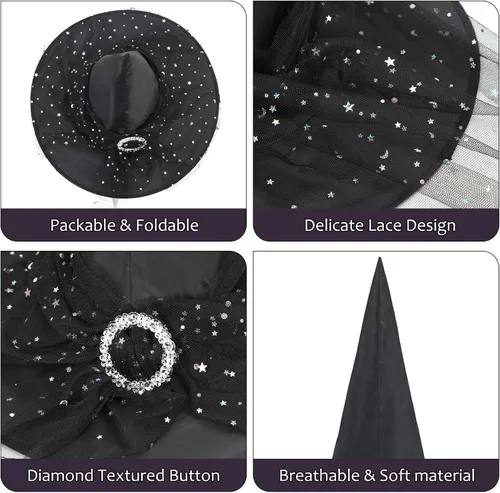 Vista 17 de Zando Sombreros de bruja de encaje para mujer, accesorios de disfraz de Halloween, accesorios de disfraz de bruja plegables para colgar