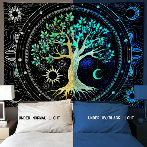 Vista 6 de Tapiz para dormitorio, estético, árbol de la vida, con luz negra, reactivo a los rayos UV, tapiz psicodélico, colorido tapiz de pared, sol, luna