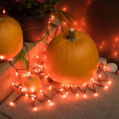 Vista 2 de Luces de Navidad naranjas para interiores o exteriores, 33 pies, 150 unidades de luces incandescentes de tamaño mini para Halloween, cadena de luces