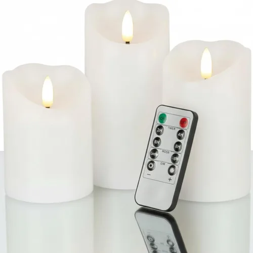 Vista 16 de VENTA Juego de 3 velas de pilar de marfil cálido Velas de cera real operadas por baterías con llama parpadeante Decoración atemporal para todo