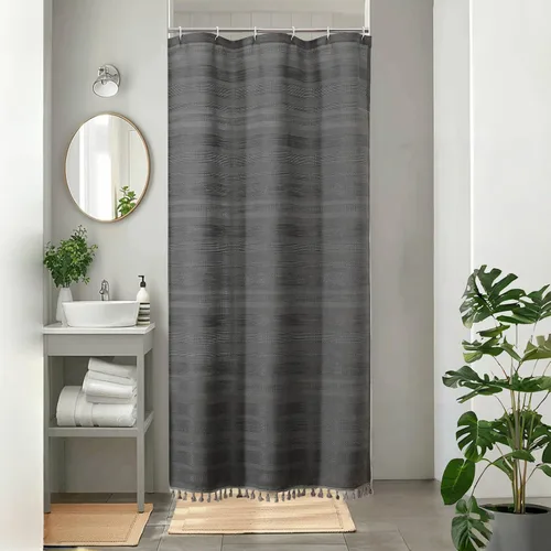 Vista 30 de OVZME Cortina de ducha bohemia negra, cortina de ducha estrecha de tela suave a rayas de lino texturizado con borla, moderna decoración de baño
