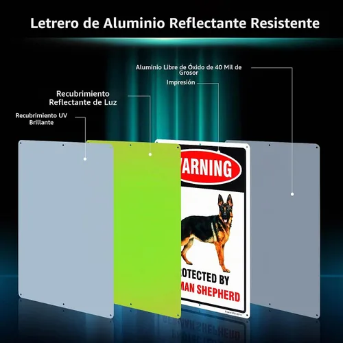 Vista 2 de Cartel de pastor alemán "Protected by German Shepherd", 14 x 10 pulgadas, aluminio libre de óxido 040, reflectante, con protección UV y resistente a