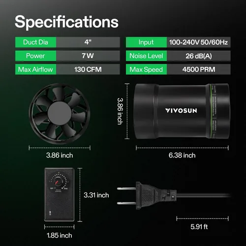 Vista 7 de VIVOSUN Ventilador en línea P4 de 4" y control de velocidad 130 CFM