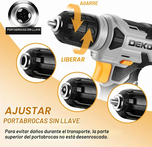 Vista 3 de Taladro inalámbrico DEKOPRO de 8 V, juego de taladro con mandril sin llave de 3/8 pulgadas, 42 piezas de accesorios, LED incorporado, cable de carga