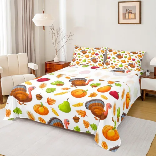 Vista 8 de Erosebridal Lindo juego de sábanas de pavo tamaño individual para niños y niñas, juego de sábanas de cosecha de Acción de Gracias, decoración