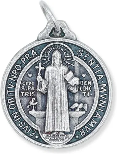 Vista 2 de Caritas et Fides Paquete a granel de 100 Medalla de San Benito Medalla redonda de plata oxidada de 34 pulgadas para collar, medallas para joyería