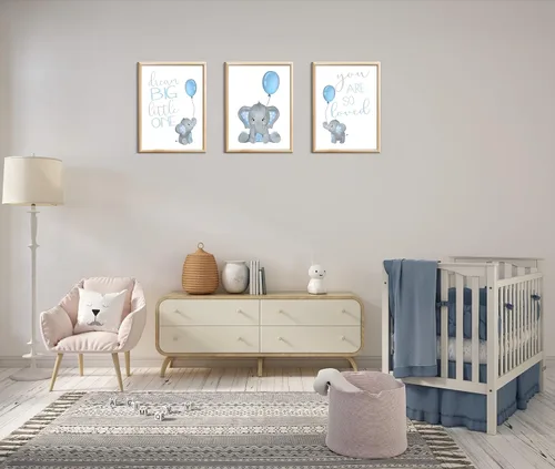 Vista 6 de Juego de 3 impresiones artísticas de acuarela para bebé, niño, elefante, guardería, sin marco, en azul y gris, Dream Big Little One, You Are So Loved