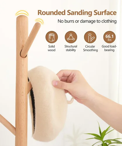 Vista 11 de Cozivolife Perchero de pie, perchero de madera con 9 ganchos y 3 alturas ajustables, abrigo de árbol de madera de haya para dormitorio, oficina