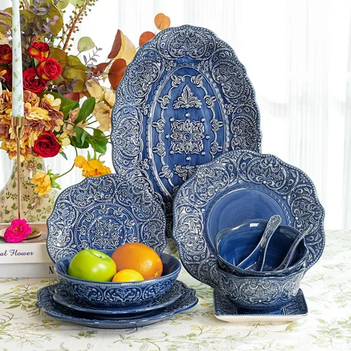 Vista 7 de Sungmor Vajilla de cerámica para cenas finas en relieve, estilo barroco antiguo, cuencos de porcelana con forma de flor de 15,2 cm (591 ml) de 6 4