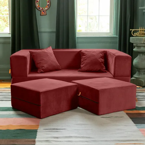 Vista 3 de Jaxx Sofá biplaza convertible con cremallera y otomanas, microterciopelo texturizado, color rojo baya