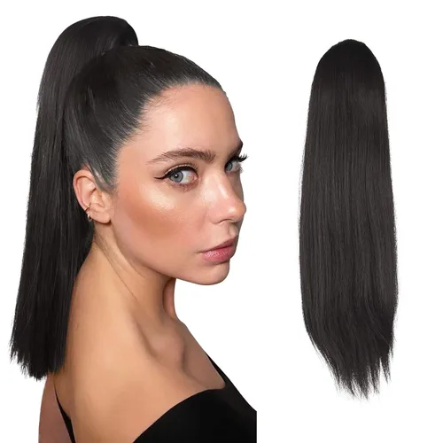 Vista 13 de FESHFEN Extensiones de cola de caballo rectas, colas de caballo largas con cordón, cola de caballo sintética con clip para mujer, color negro