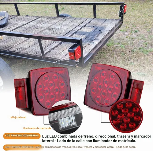 Vista 6 de Luces de remolque, 2 piezas de luces traseras combinadas cuadradas rojas LED, luces de freno, parada, giro, licencia para remolque utilitario