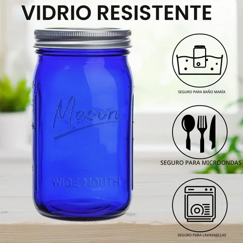 Vista 3 de Tarros Mason Azules de 32 onzas, Juego de 6 Tarros de Cuartillo de Boca Ancha con Tapas Herméticas y Bandas para Centros de Mesa, Fermentación