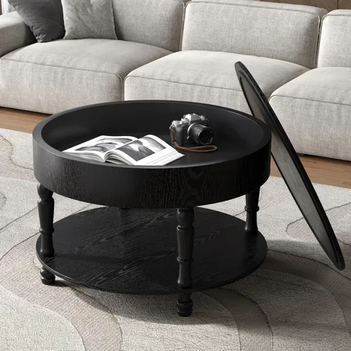 Vista 49 de Mesa de centro redonda de madera de 31.49 pulgadas con almacenamiento, mesa de centro circular acanalada de 2 niveles con tapa y estante para sala