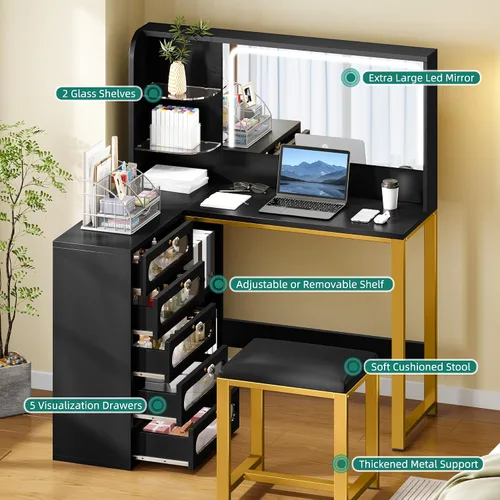 Vista 4 de YITAHOME Juego de escritorio de tocador, tocador de maquillaje con espejo y luces, 3 modos de iluminación, tocador grande de 48 pulgadas con 5